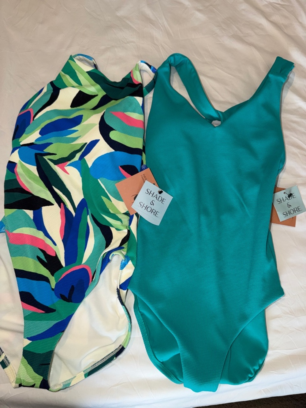 Shade & Shore Teal One-Piece and Multicolor Tropical Print Swimsuits